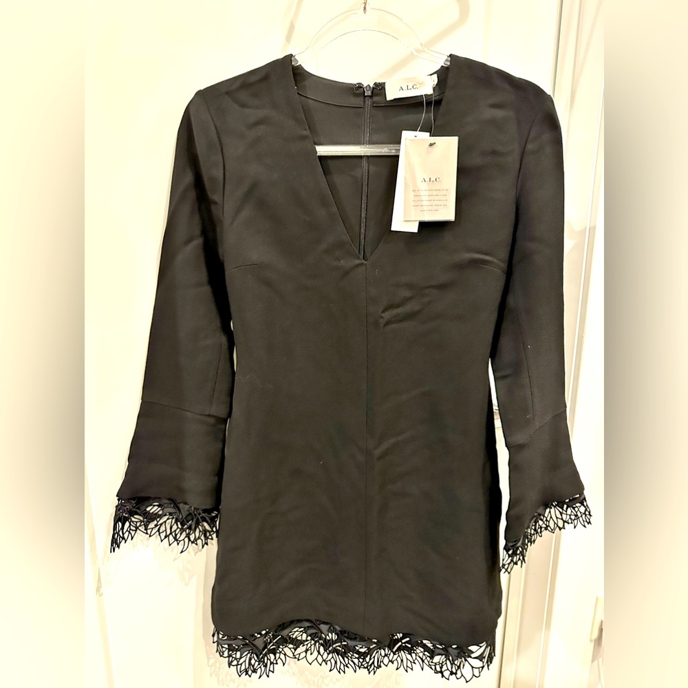 ALC v-neck black mini dress with flower details sleeves and bottom